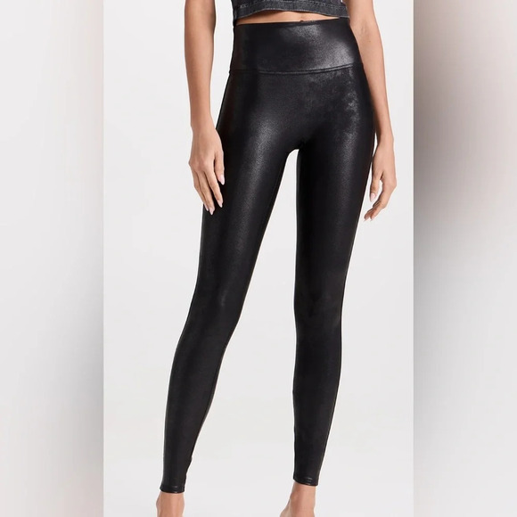 SPANX faux leather coated black leggings fall shapewear lift tummy control - Picture 1 of 7